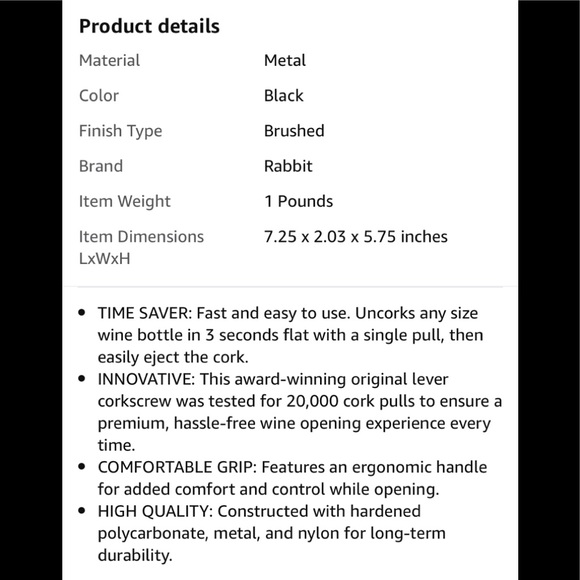 NEW RABBIT Original Metrokane Black Corkscrew - Picture 4 of 4